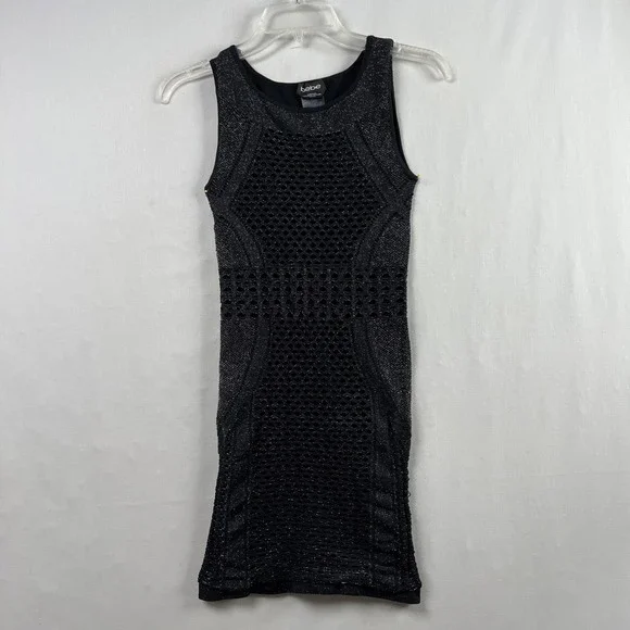 Vintage Y2k Bebe Mini Bodycon Dress Petite P/S Black Sexy Lace Stretch Metallic - Picture 1 of 12